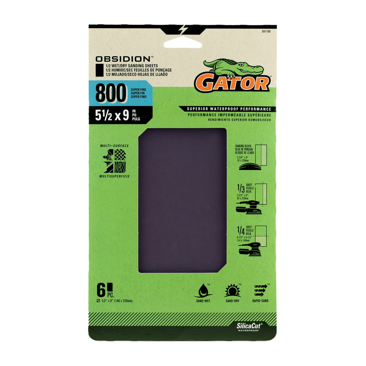 Obsidion 6-Piece Silicon Carbide 800-Grit Sheet Sandpaper GAT-391108