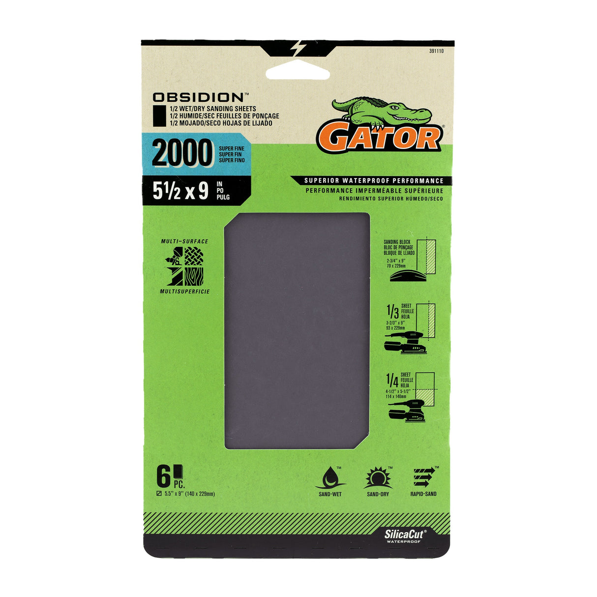 Obsidion 6-Piece Silicon Carbide 2000-Grit Sheet Sandpaper GAT-391110