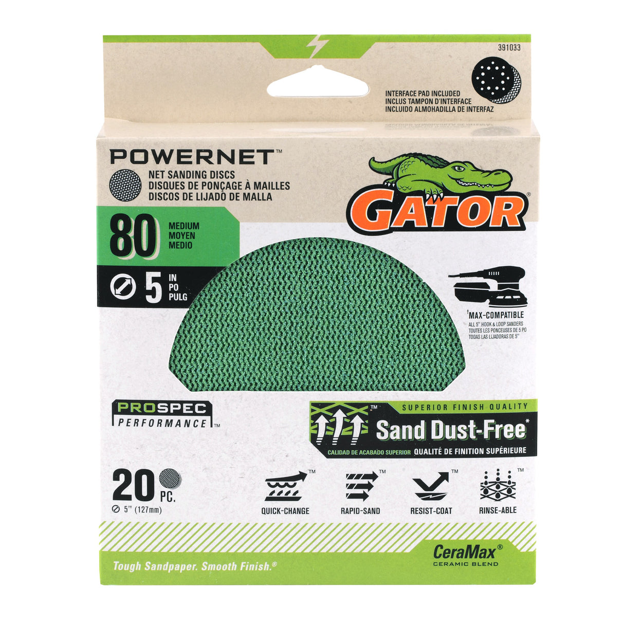 PowerNet 20-Piece Ceramic Alumina 80-Grit Disc Sandpaper GAT-391033