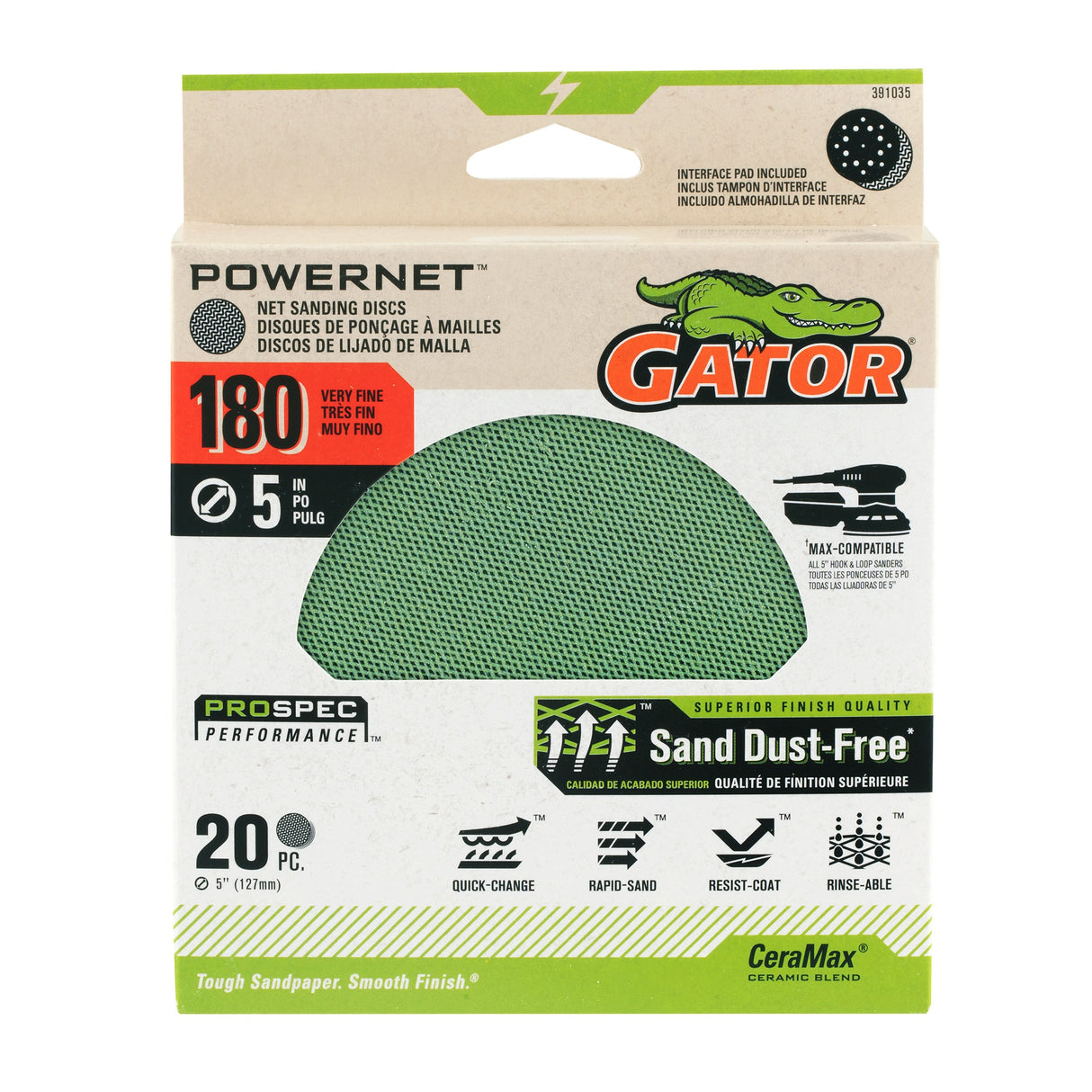 PowerNet 20-Piece Ceramic Alumina 180-Grit Disc Sandpaper GAT-391035