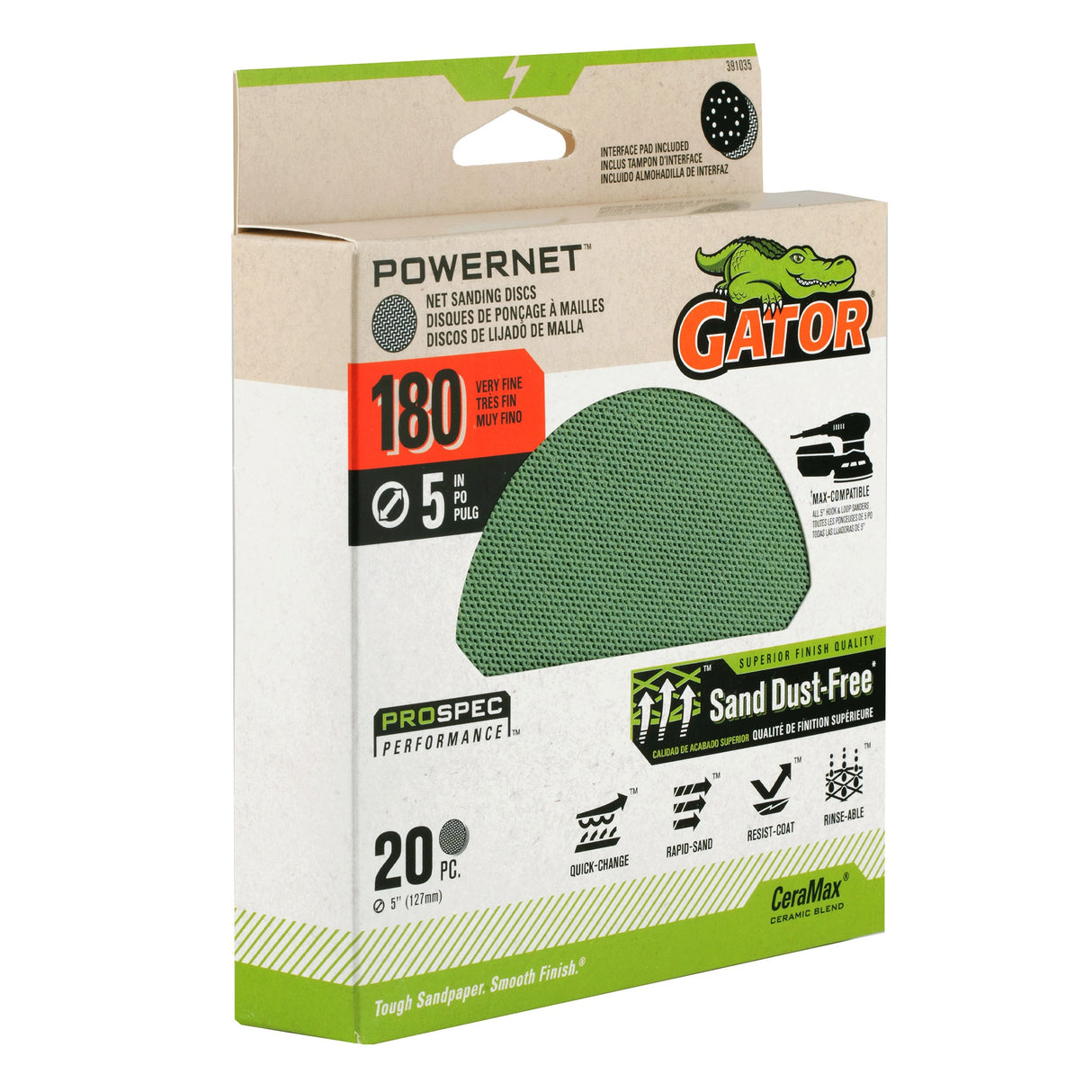 PowerNet 20-Piece Ceramic Alumina 180-Grit Disc Sandpaper GAT-391035