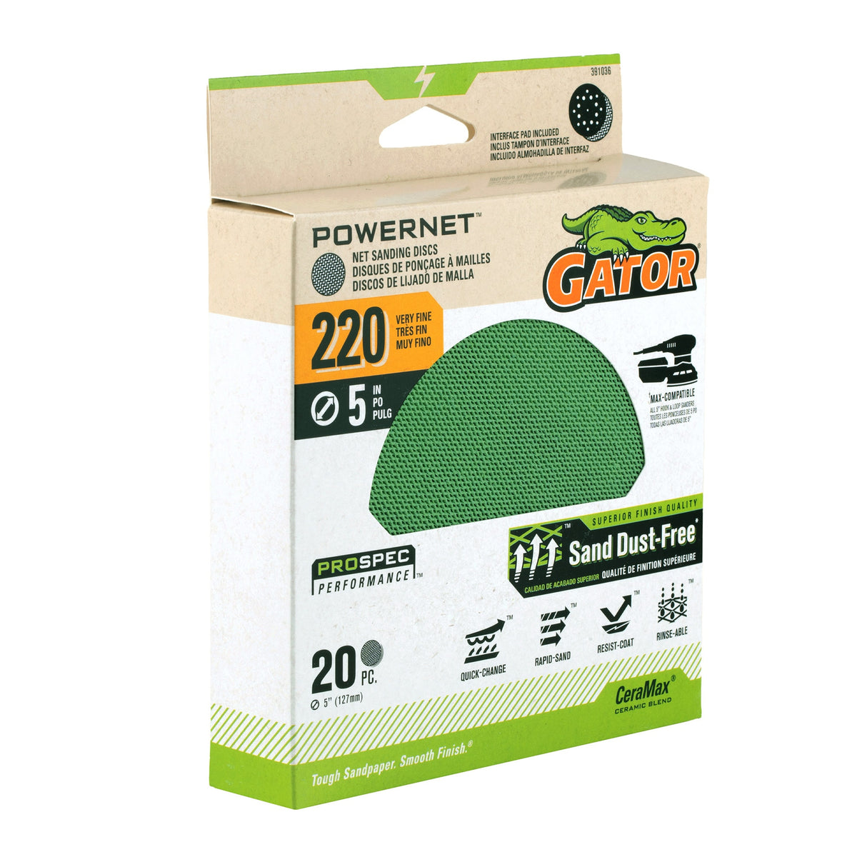 PowerNet 20-Piece Ceramic Alumina 220-Grit Disc Sandpaper GAT-391036