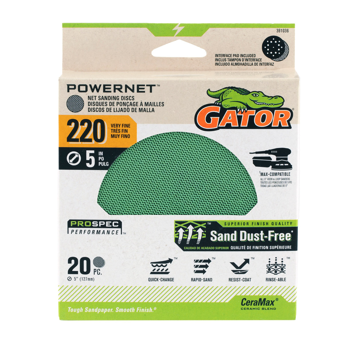 PowerNet 20-Piece Ceramic Alumina 220-Grit Disc Sandpaper GAT-391036