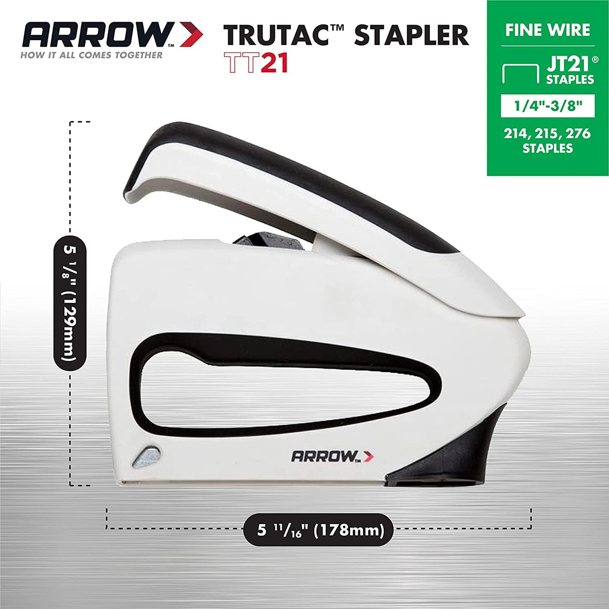 TT21 Manual Staple Gun for Decor and Decorating Projects, Uses JT21 Staples, 7/16-in Crown, Soft Grip, White TT21