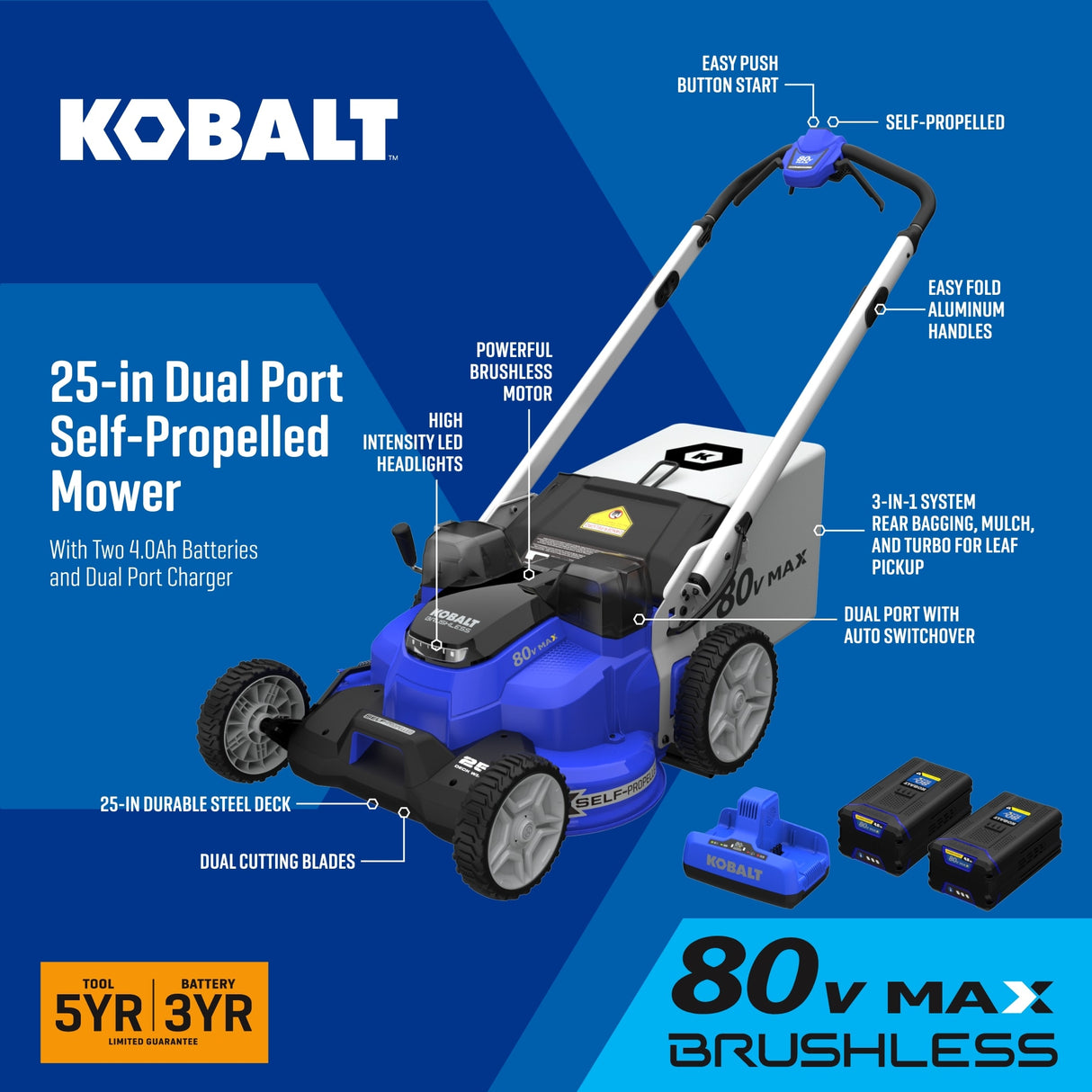 80-volt 25-in Cordless Self-propelled Lawn Mower 4 Ah (2-Batteries and Charger Included) KMP 42580D-06