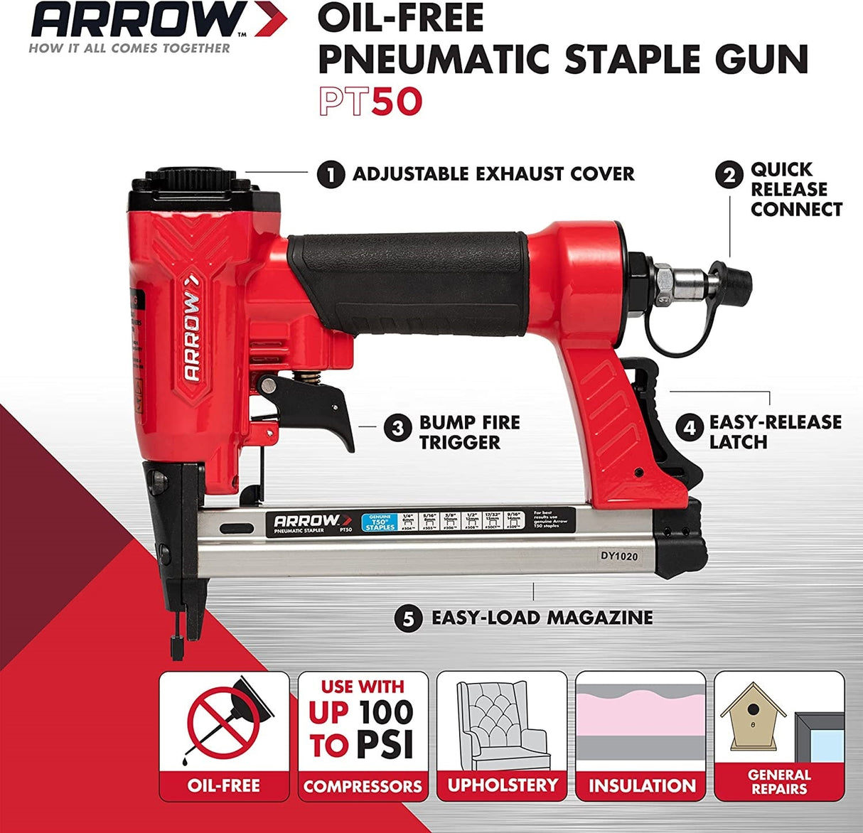 Pt50 18-Gauge 3/8-in Medium Crown Finish Pneumatic Stapler PT50