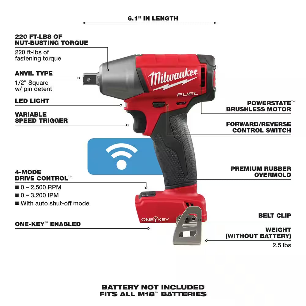 M18 FUEL ONE-KEY 18V Lithium-Ion Brushless Cordless 1/2 In. Impact Wrench W/ Pin Detent (Tool-Only)