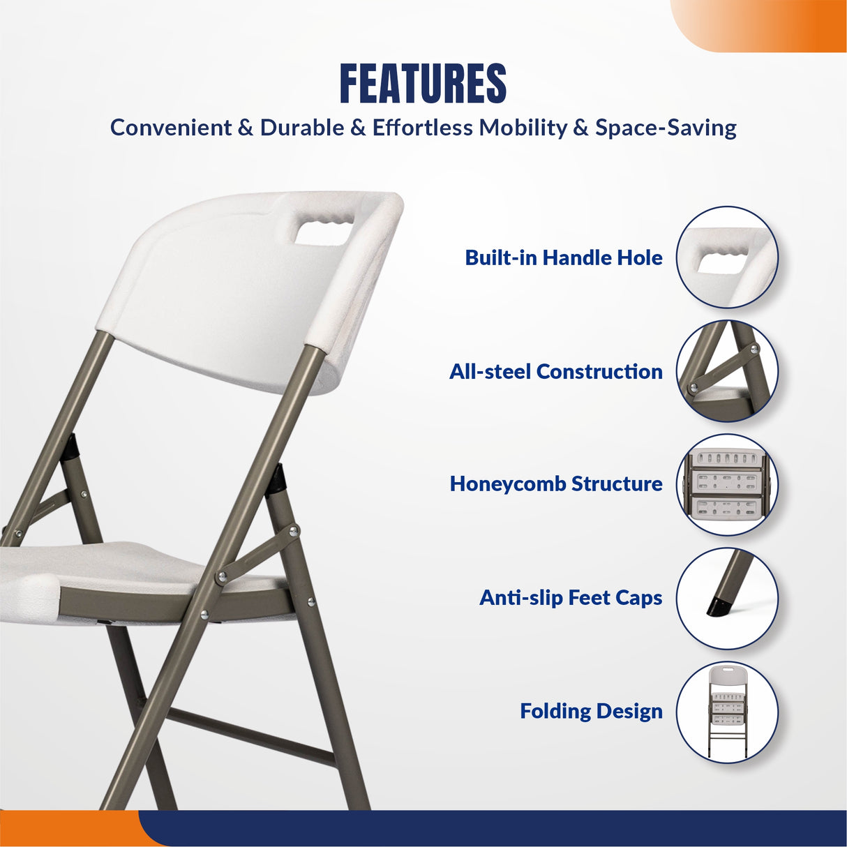 4 Pack White Folding Chairs, Portable Seats with Durable Steel Frame