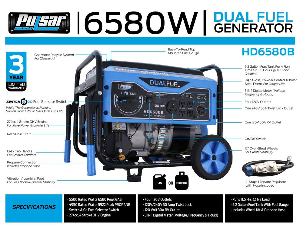 Generator 6580 Watt Dual Fuel Portable HD6580B