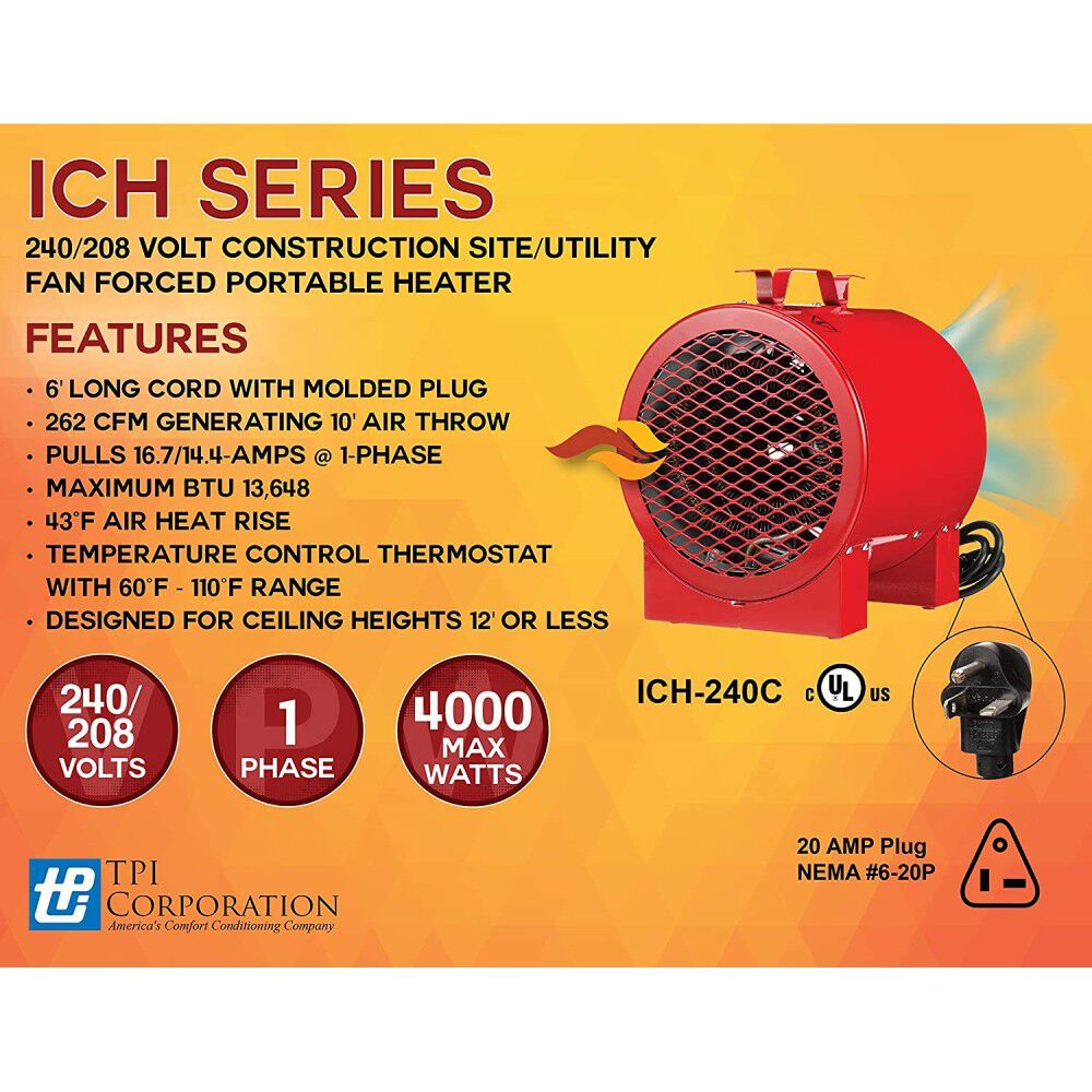 Heater 208V/240V 1 Phase 3000with 4000W Fan Forced Portable ICH240C