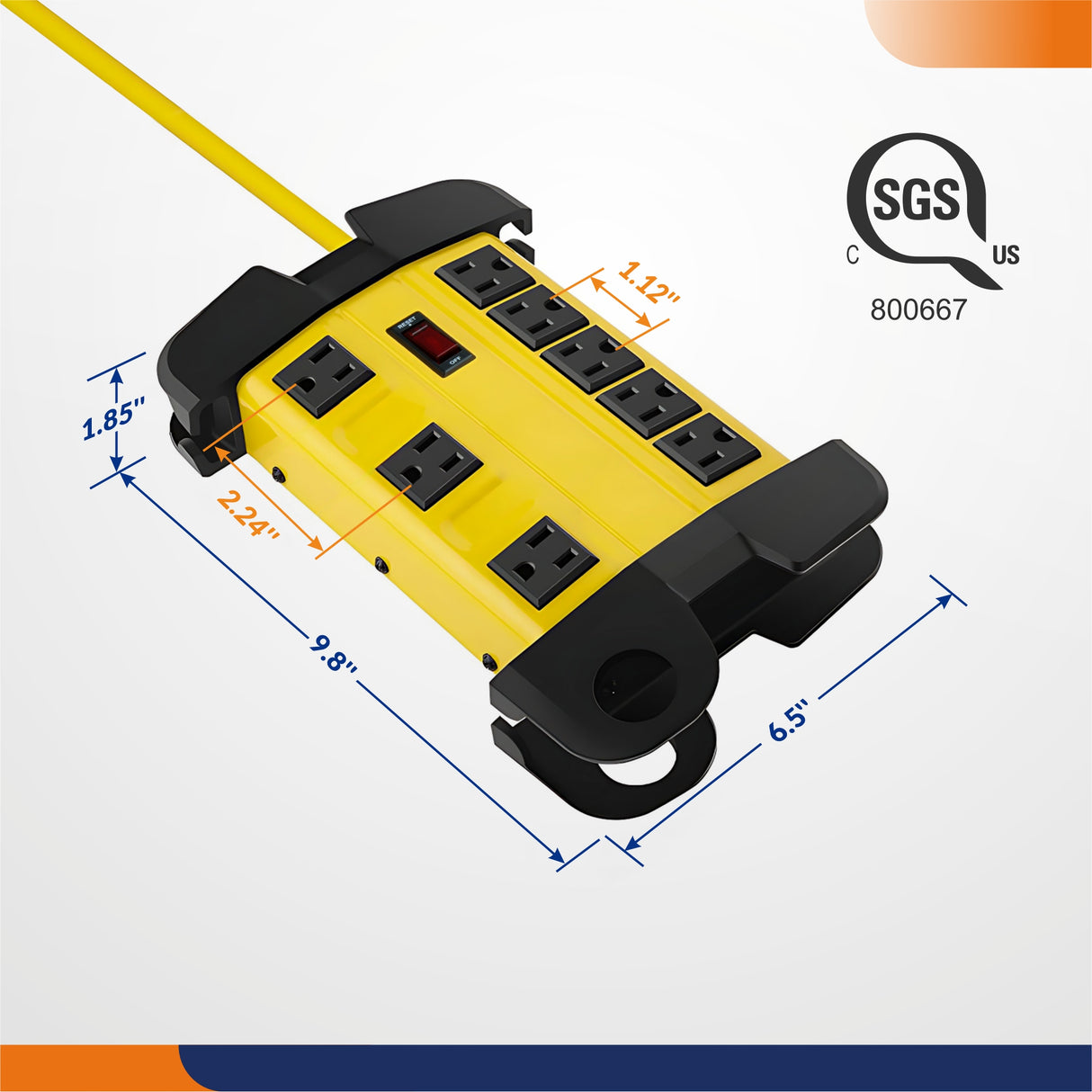 8 Outlet Metal Heavy Duty Power Strip with 6 FT Extension Cord