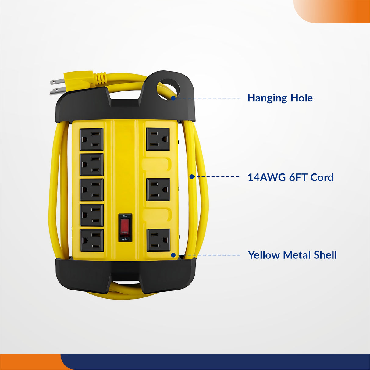 8 Outlet Metal Heavy Duty Power Strip with 6 FT Extension Cord