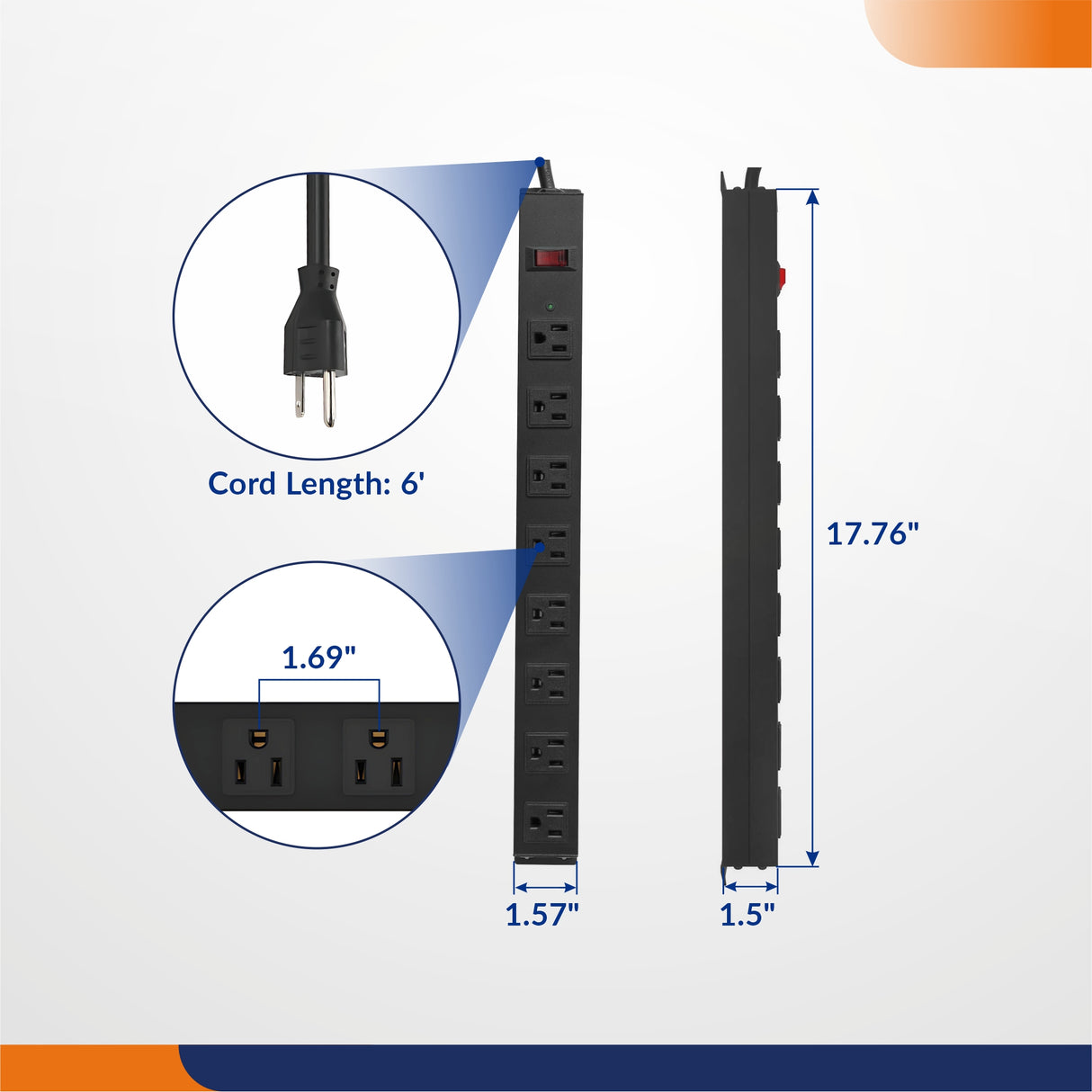 8 Outlet Industrial Heavy Duty Power Strip with 6 FT Extension Cord