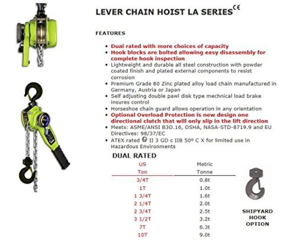 Lever Chain Hoist 3/4 Ton Capacity 10' Lift LC008-10B