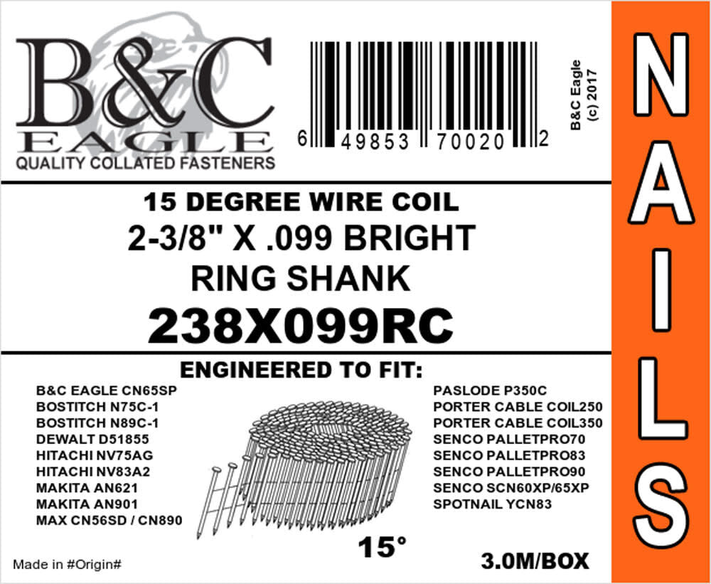 2-3/8 x .099 Wire Collated Ring Bright Coil Framing Nails 500pc A238X099RC