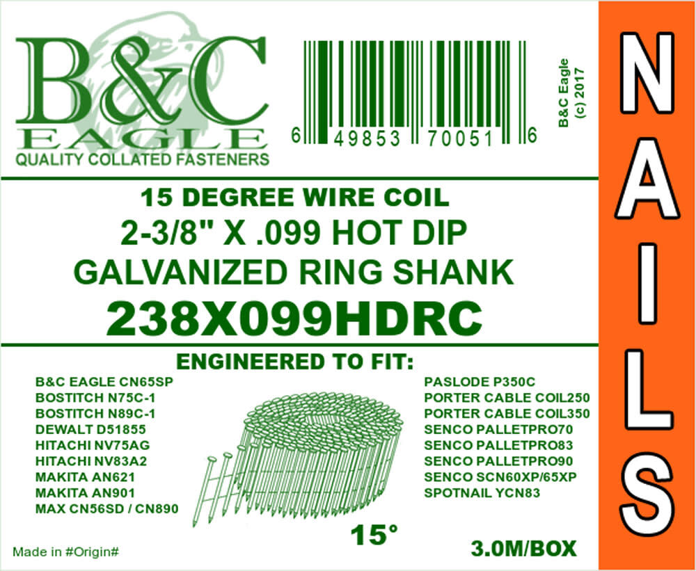 2-3/8 x .099 Wire Collated Ring HDG Coil Framing Nails 500pc A238X099HDRC