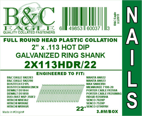 2x.113 Round Head Plastic Collated Ring HDG Framing Nails 3000pc 2X113HDR/22