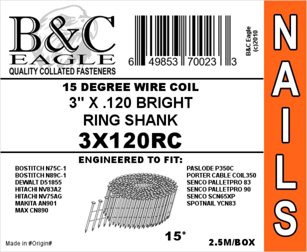 3 x .120 Wire Collated Ring Bright Coil Framing Nails 2500pc 3X120RC