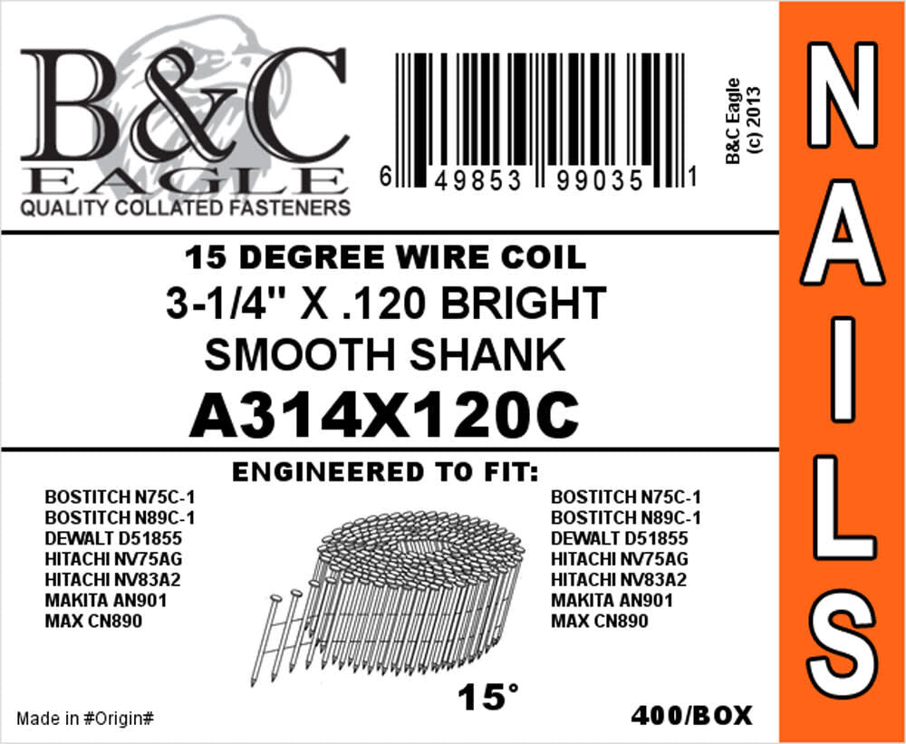 (400) 3-1/4 x .120 Wire Collated Smooth Bright Coil Framing Nails A314X120C