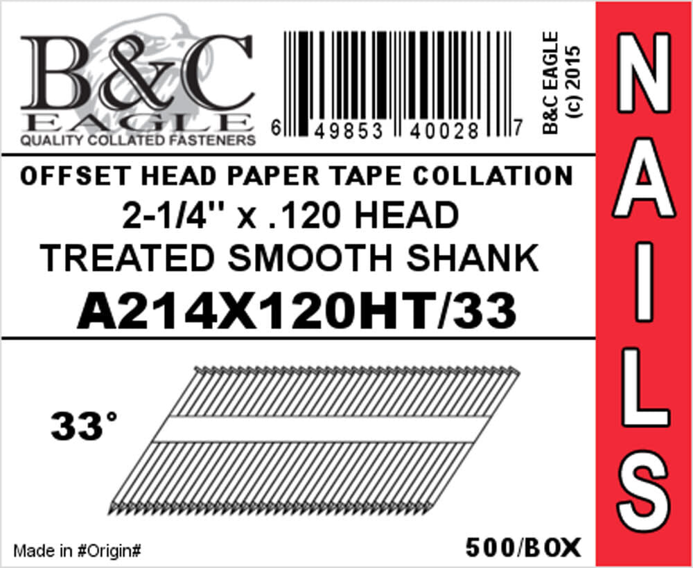 (500) 2-1/4 x .120 Paper Collated Smooth HT Framing Nails A214X120HT/33