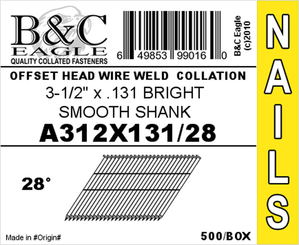 (500) 3-1/2 x .131 Wire Collated Smooth Bright Framing Nails A312X131/28