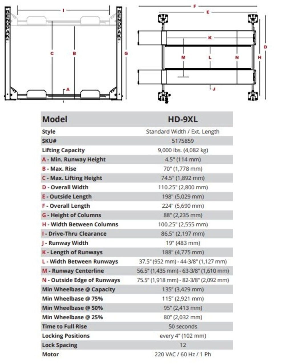 HD-9XL Four Post Vehicle Lift 9000 lbs Capacity 5175859