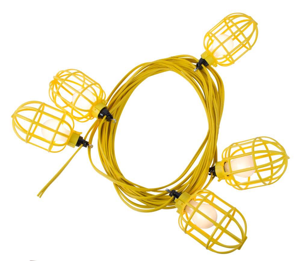 50 ft. 14/2 Flat Wire 5-Lamp Plastic Cage Temporary Light Stringer 10 ft. Centers Yellow YFW50