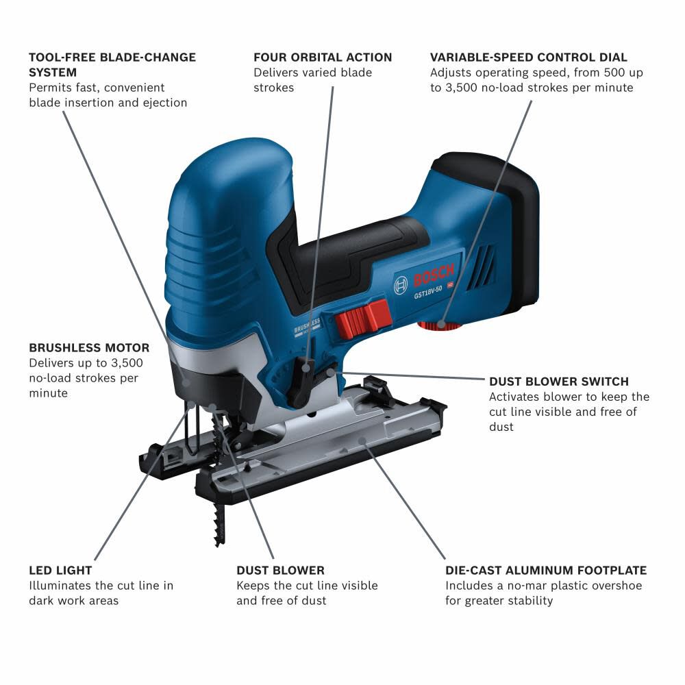 18-volt Brushless Variable Speed Keyless Corded Jigsaw (Bare Tool) GST18V-50BN