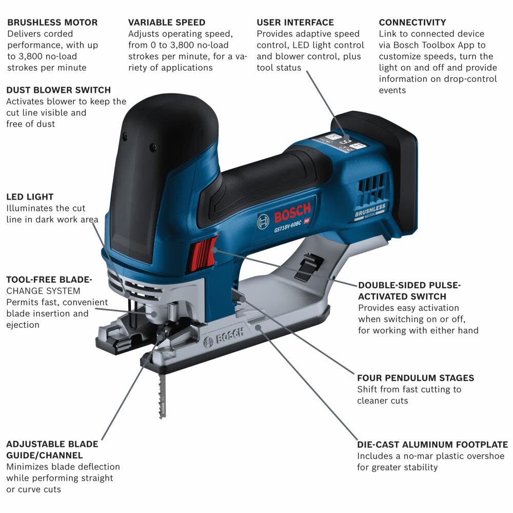 18-volt Brushless Variable Speed Keyless Cordless Jigsaw (Bare Tool) GST18V-60BCN