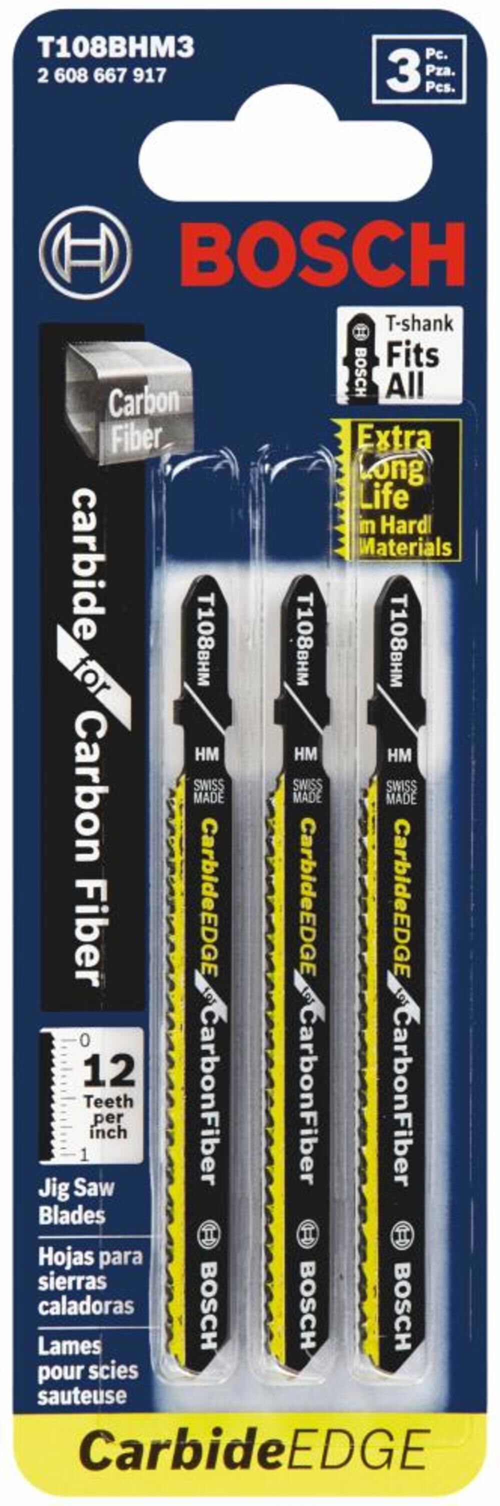 3 pc. 3-5/8 In. 12 TPI Carbide Edge for Carbon Fiber T-Shank Jig Saw Blades T108BHM3