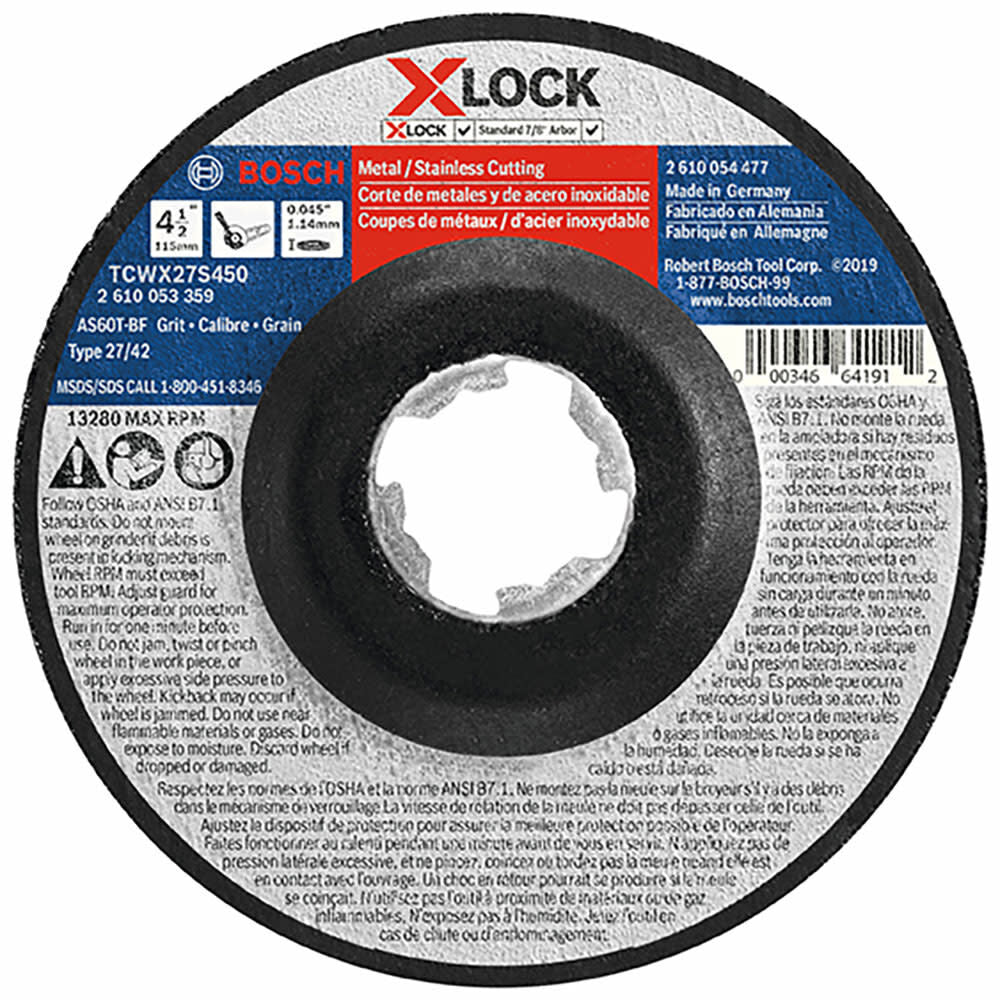 4-1/2 In. x 0.045 In. X-LOCK Arbor Type 27A (ISO 42) 60 Grit Fast Metal/Stainless Cutting Abrasive Wheel TCWX27S450