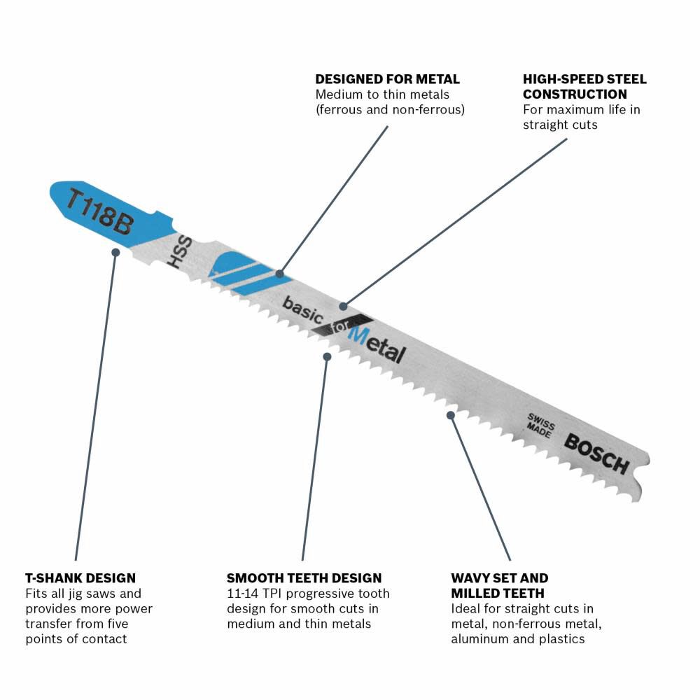 5 pc. 3-5/8 In. 11-14 TPI Basic for Metal T-Shank Jig Saw Blades T118B