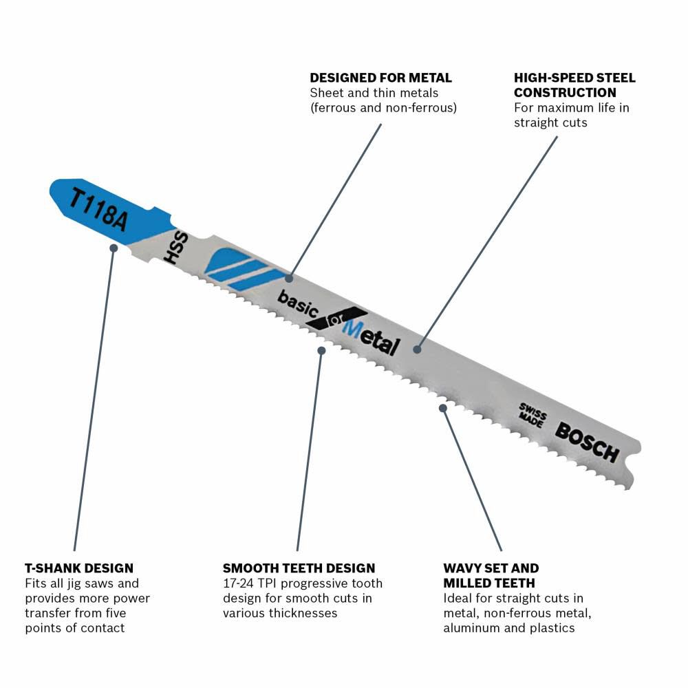 5 pc. 3-5/8 In. 17-24 TPI Basic for Metal T-Shank Jig Saw Blades T118A