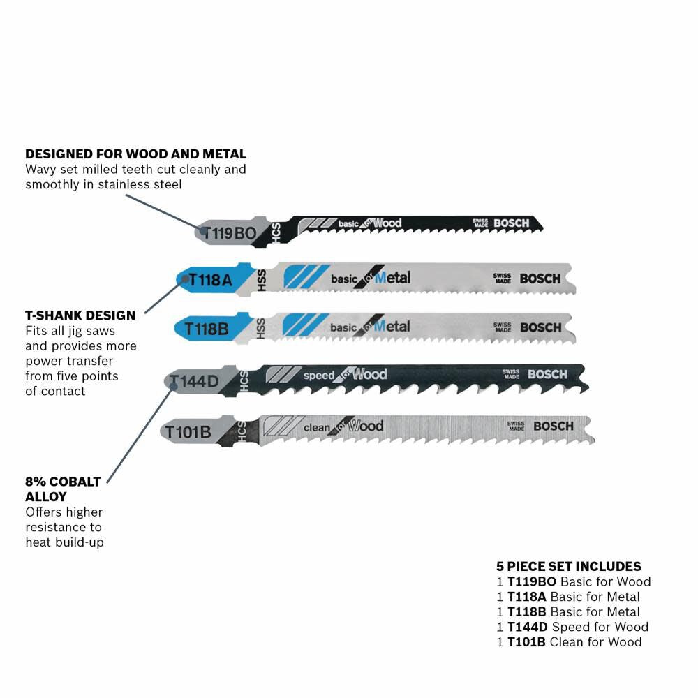 5 pc. T-Shank Jig Saw Blade Set for Wood and Metal T500