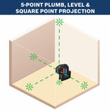 Green 125-ft Self-Leveling Indoor 5 Spot Beam with Plumb Points Laser Level (Accessories Included) GPL100-50G