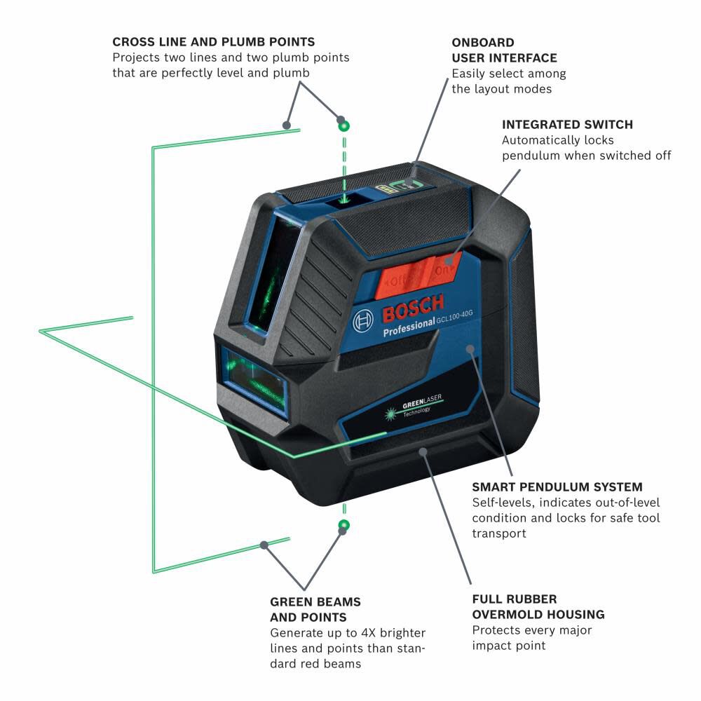 Green-Beam Self-Leveling Cross-Line Laser with Plumb Points GCL100-40G