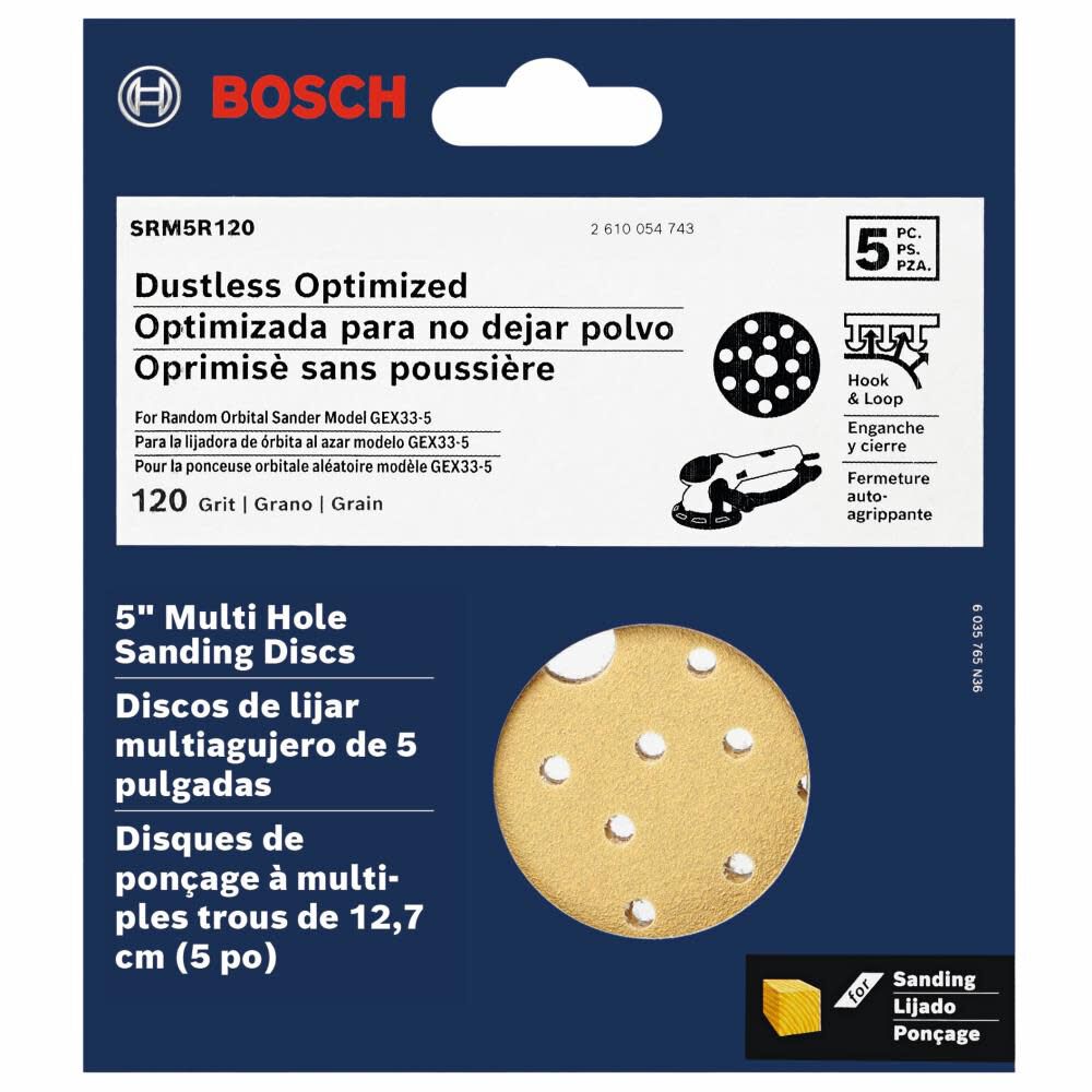 Multi Hole Hook and Loop Sanding Discs 120 Grit 5in 5pc SRM5R120