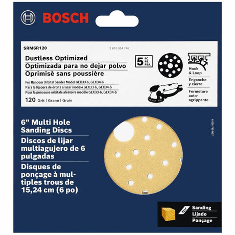 Multi Hole Hook and Loop Sanding Discs 120 Grit 6in 5pc SRM6R120