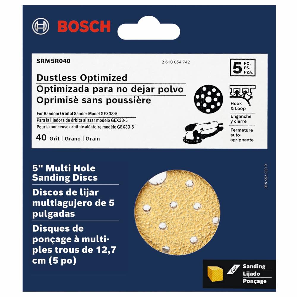 Multi Hole Hook and Loop Sanding Discs 40 Grit 5in 5pc SRM5R040