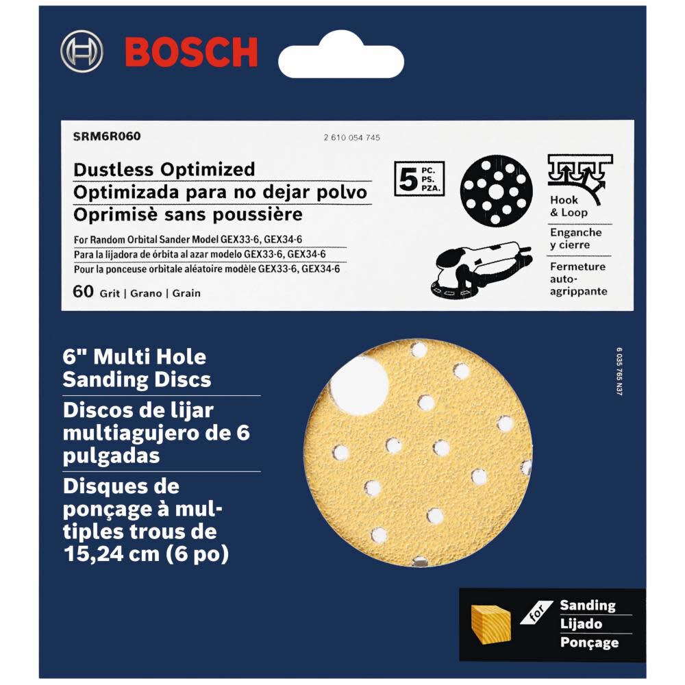 Multi Hole Hook and Loop Sanding Discs 60 Grit 6in 5pc SRM6R060