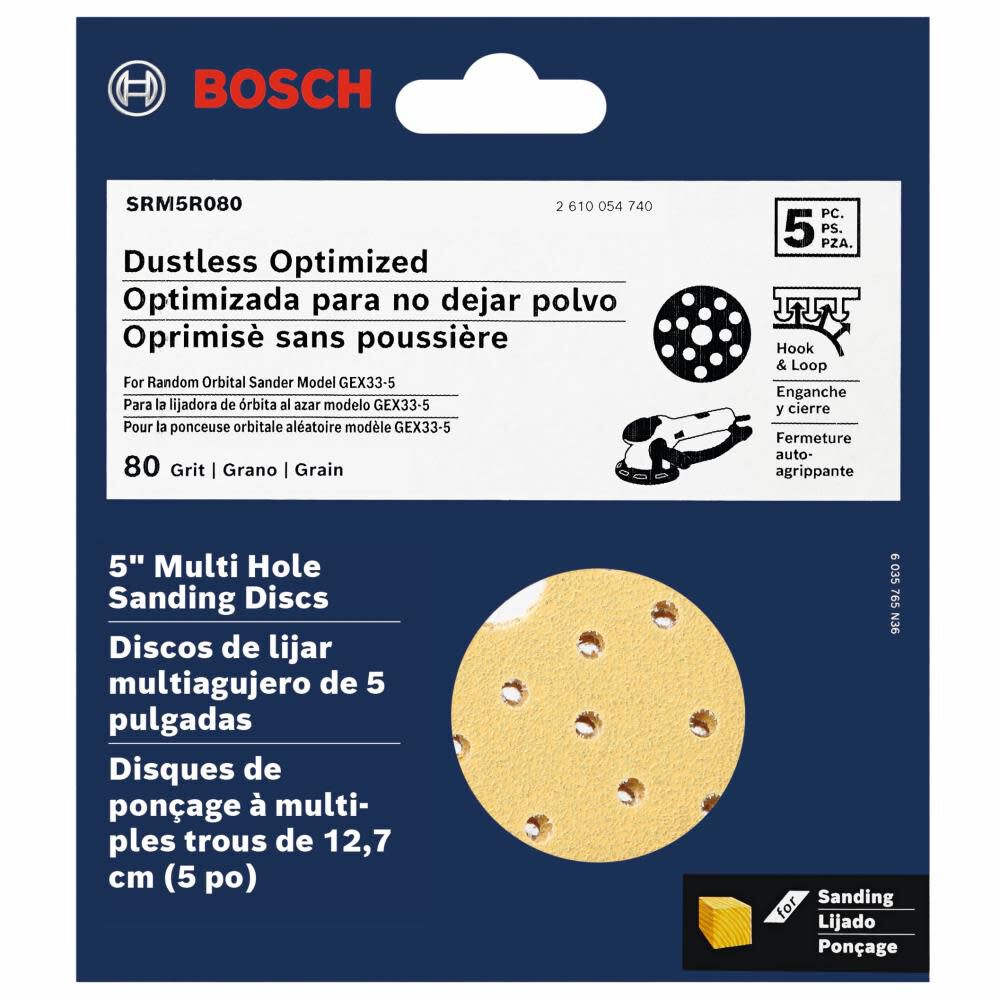 Multi Hole Hook and Loop Sanding Discs 80 Grit 5in 5pc SRM5R080