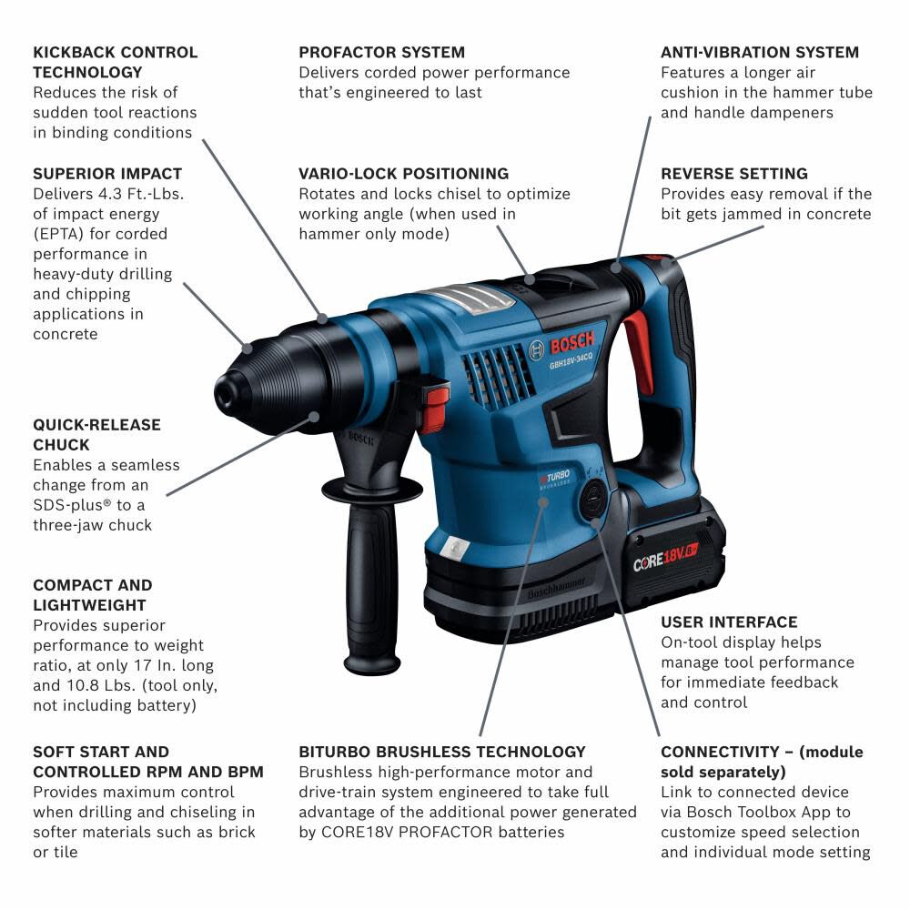 PROFACTOR 18-volt 8-Amp Sds-plus Variable Speed Cordless Rotary Hammer Drill (2-Batteries Included) GBH18V-34CQB24