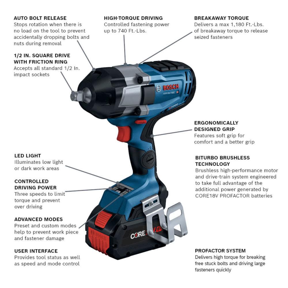 8-Amp 18-volt Variable Speed Brushless 1/2-in square Drive Cordless Impact Wrench (Battery Included) GDS18V-740CB14