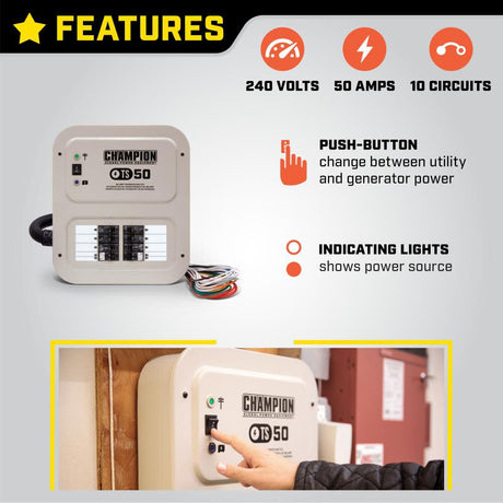 Champion Power Equipment 50-Amp Indoor-Rated Manual Transfer Switch with 30-Foot Generator Power Cord and Weather-Resistant Power Inlet Box 201193