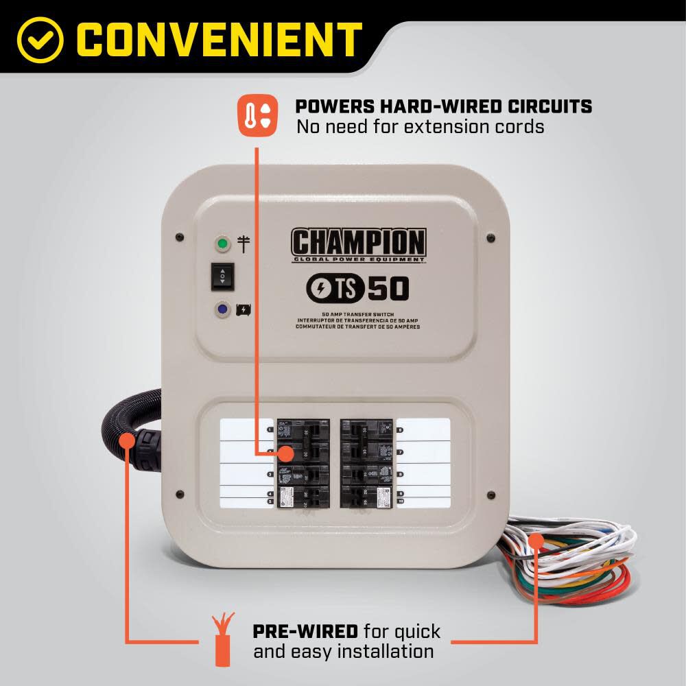 Champion Power Equipment 50-Amp Indoor-Rated Manual Transfer Switch with 30-Foot Generator Power Cord and Weather-Resistant Power Inlet Box 201193