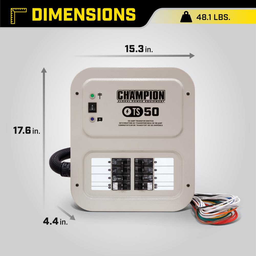 Champion Power Equipment 50-Amp Indoor-Rated Manual Transfer Switch with 30-Foot Generator Power Cord and Weather-Resistant Power Inlet Box 201193