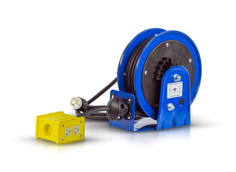 Hose Reel 30' Compact Spring Driven Cord Quad Receptacle with 12GA Steel Base PC10-3012-B