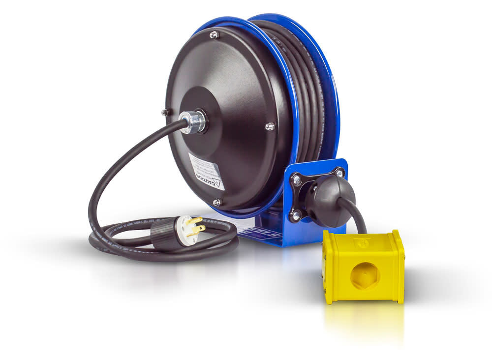 Hose Reel 30' Compact Spring Driven Cord Quad Receptacle with 12GA Steel Base PC10-3012-B