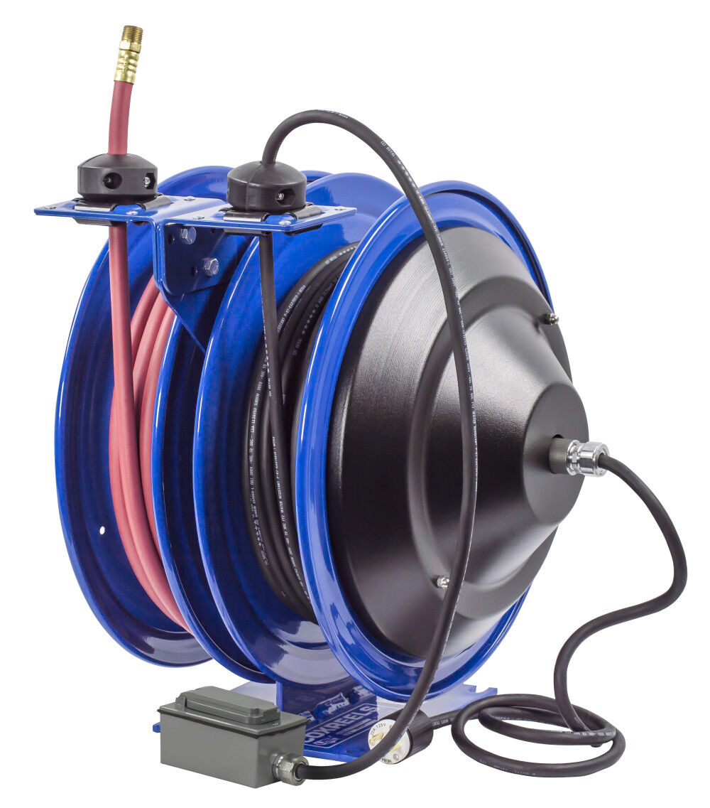 Hose Reel Dual Purpose Spring Rewind 3/8in x 50' 300PSI GFCI Receptacle 50' cord 12 AWG C-L350-5012-F