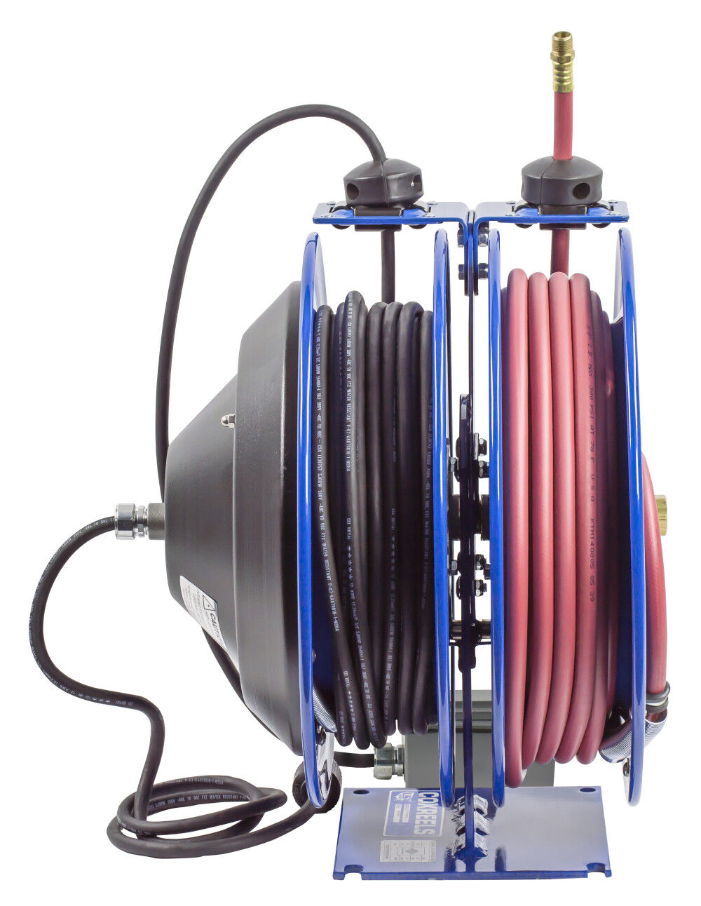 Hose Reel Dual Purpose Spring Rewind 3/8in x 50' 300PSI GFCI Receptacle 50' cord 12 AWG C-L350-5012-F